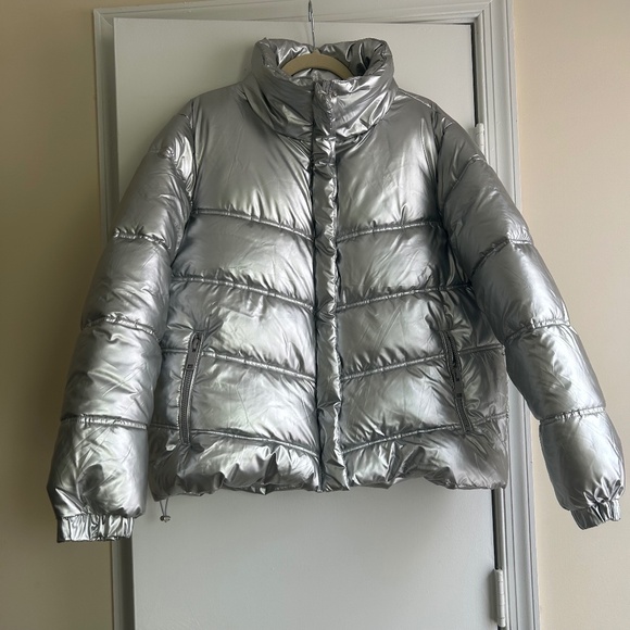 Puffer Jacket Silver Metallic XL Mock Neck Crissrexo - Picture 1 of 8